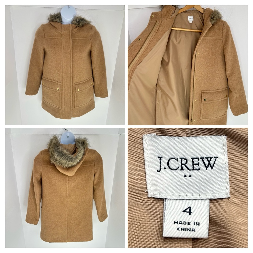 J. Crew Vail Parka Tan Wool Blend‎ Size 4 Faux Fur Trim Hooded Coat Full Zip